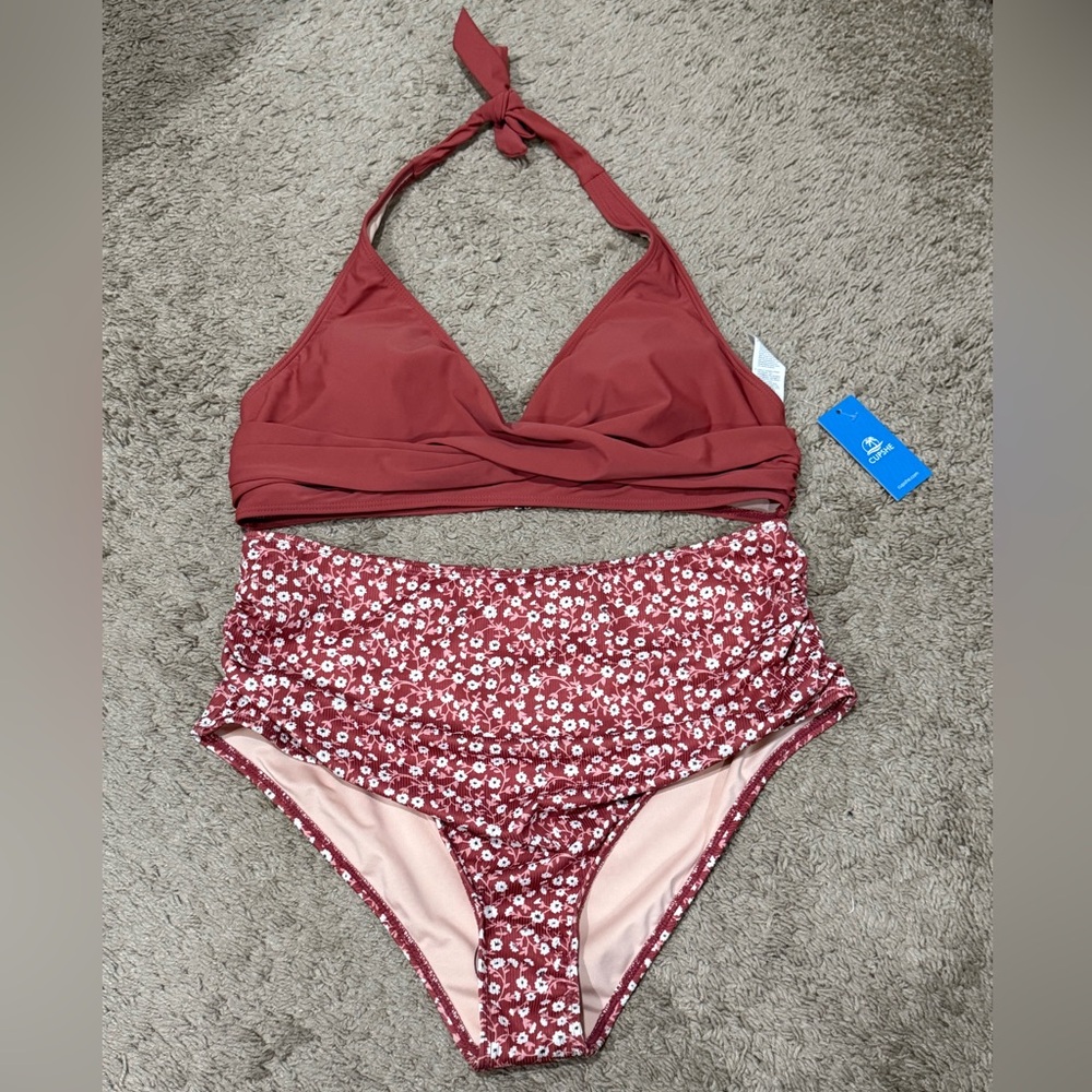 Cupshe Burgundy and Floral Bikini Set